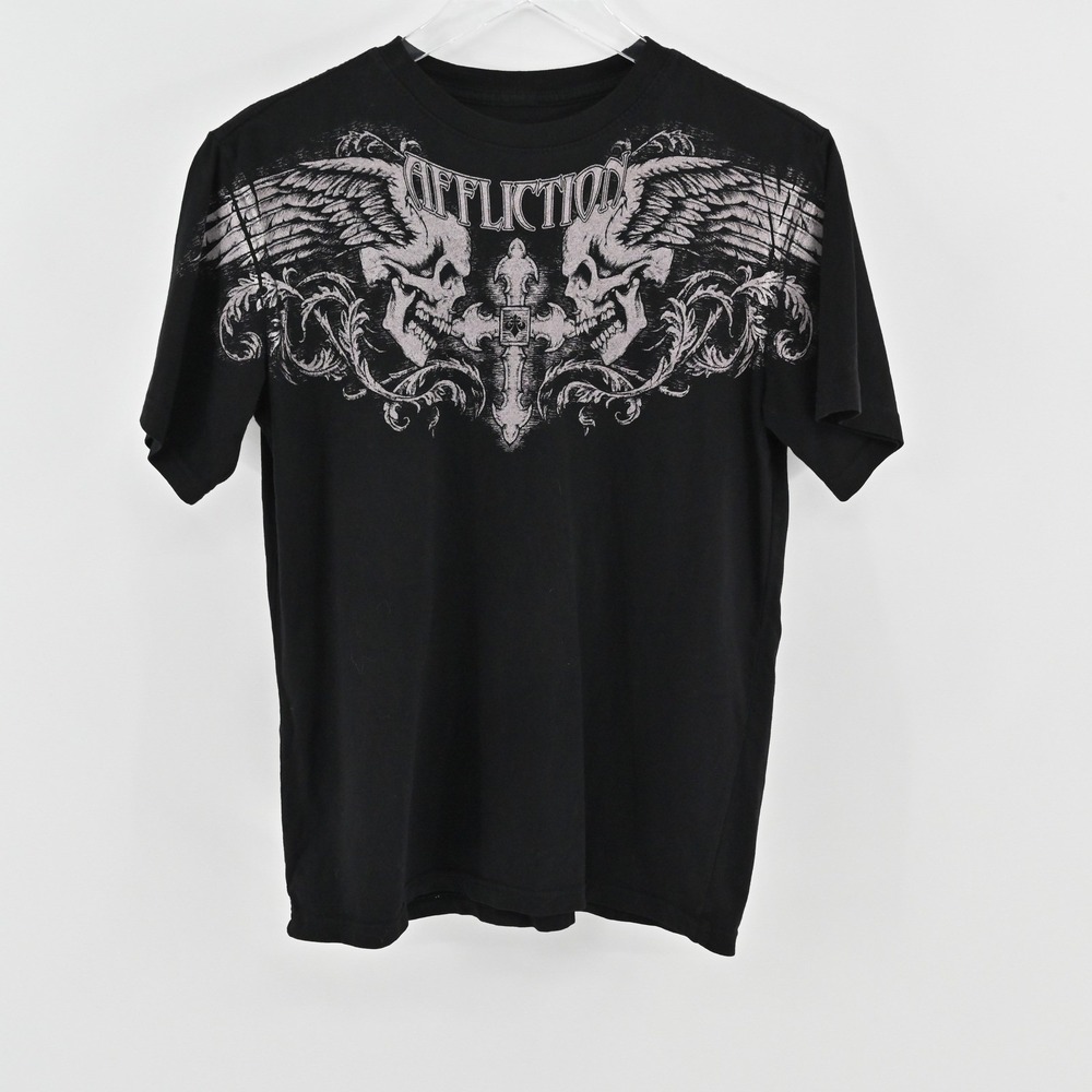 Affliction Skull‎ Wings Graphic Tee Womens Size L Black Streetwear Cotton Gothic